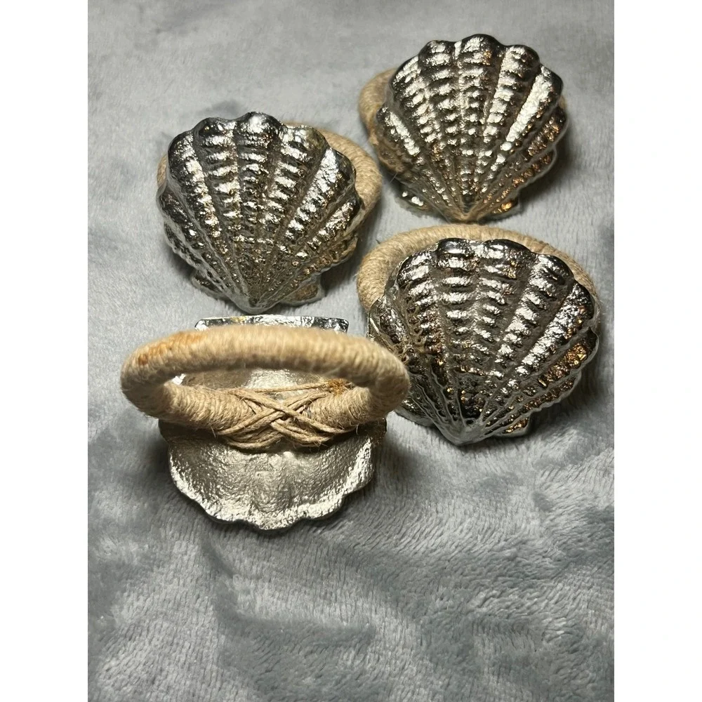 Coastal Silver Seashell Napkin Rings Set of 4 Rope Wrap Pier 1 Beach Table Decor